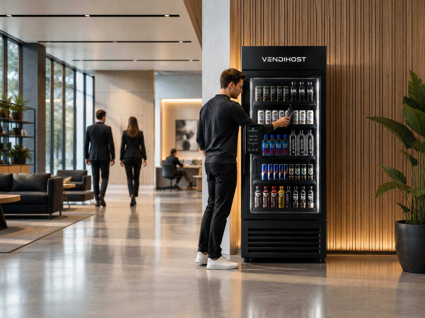 An employee using a VendiHost smart cooler in an office lobby
