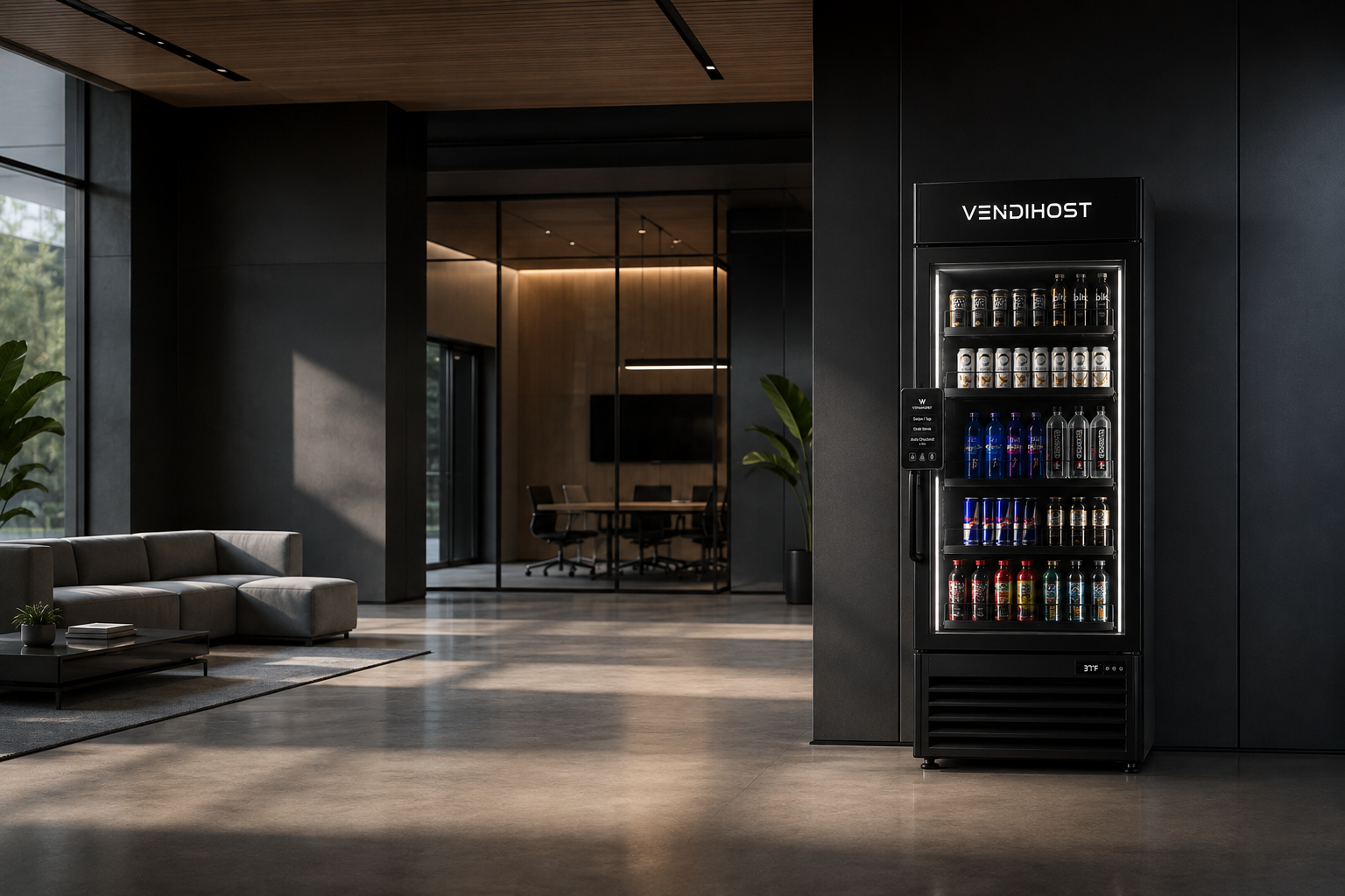 A VendiHost smart cooler installed in a modern office lounge